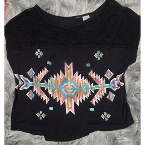 Black Crop Top Slouchy Shirt with Bright Colorful Artsy Design